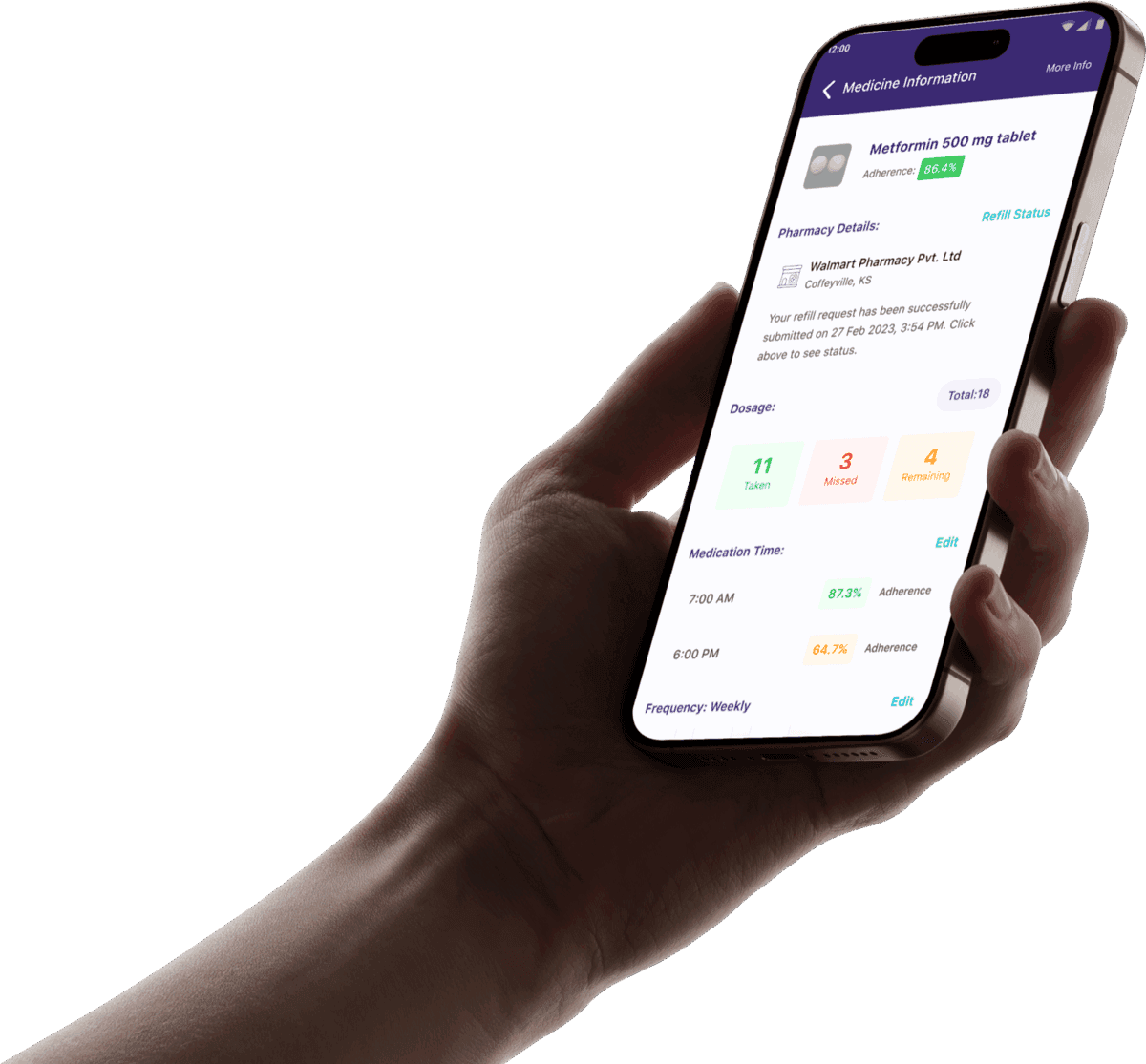 The DayaMed app showing a patient's medication adherence, refill status, and dosage history
