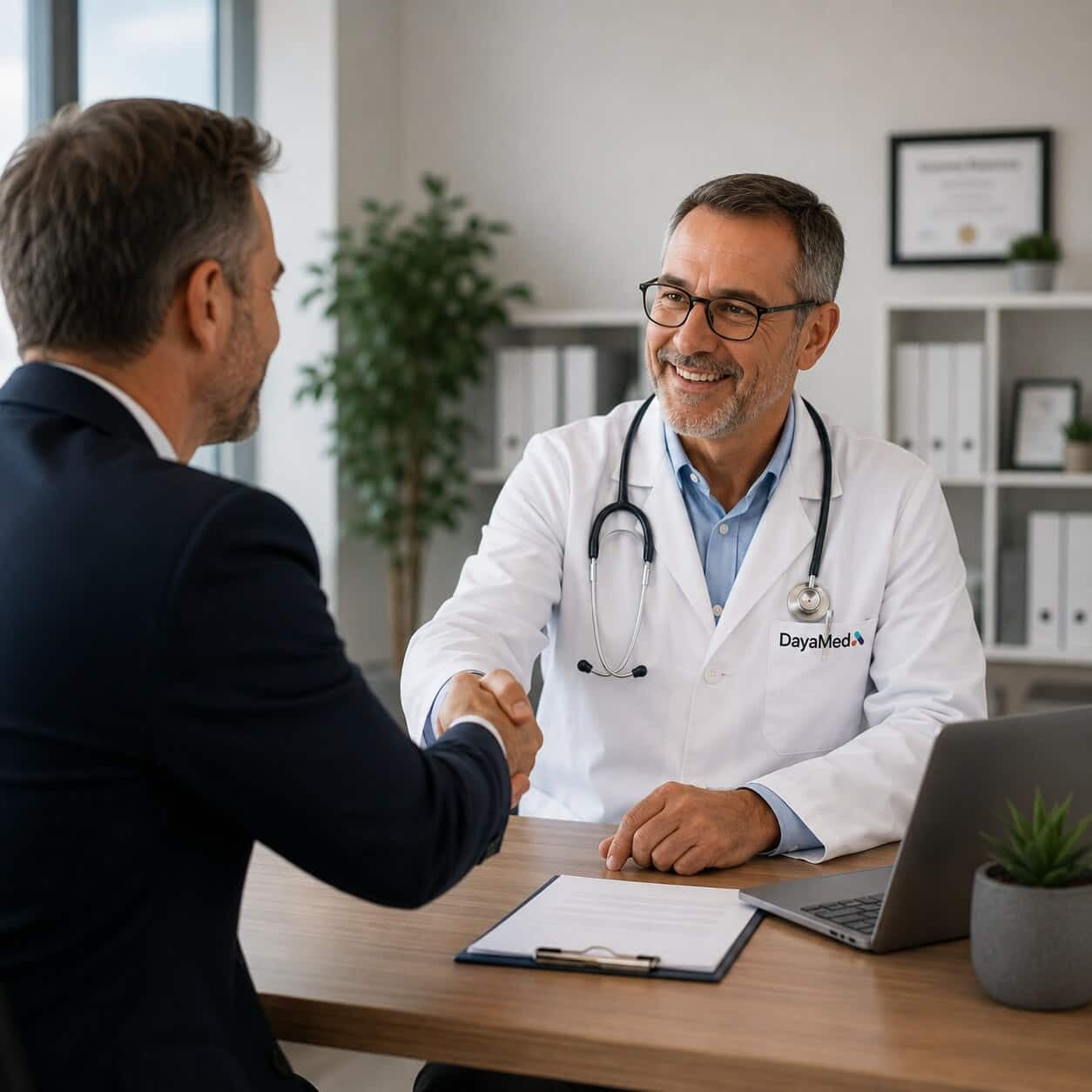 A DayaMed clinician shaking hands with a business partner across a desk in a bright office